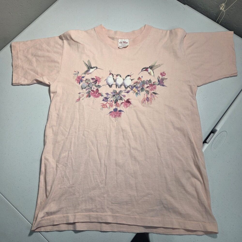Vintage 90s Hummingbirds T-Shirt Mens M Pastel Pink Co Max Made in USA Single